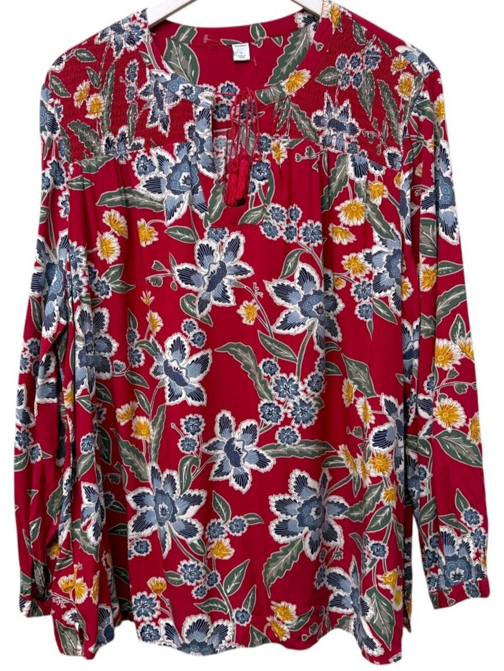 OLD NAVY Boho Peasant Blouse Womens XL Red Floral Smocked Tie Neck Rayon